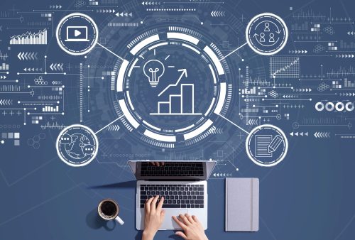 Content marketing concept with person working with a laptop