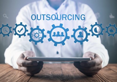 Man holding tablet computer. Outsourcing. Human resources